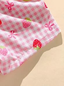 SHEIN Playful Pals Bộ 2 món cho bé gái sơ sinh/trẻ nhỏ 0-3 tuổi, mùa xuân hè, kiểu dáng thường ngày dễ thương, họa tiết mèo hoạt hình ăn dưa hấu, áo thun tay ngắn và quần short màu hồng hình trái tim. - Hồng - Xem 7