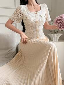 DAZY Women's Faux Two-Piece Short Sleeve Elegant Pleated Dress - White - View 1