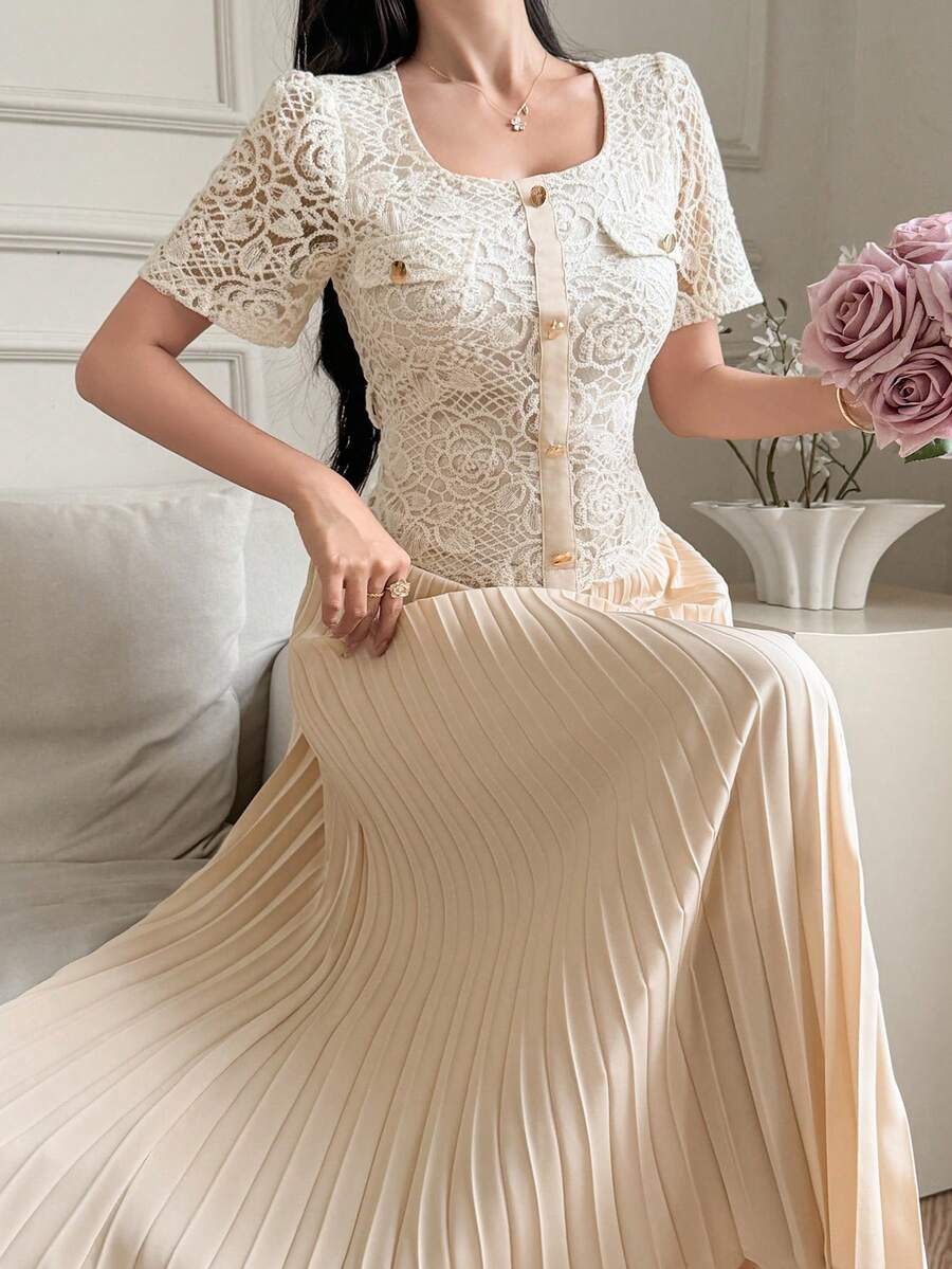 DAZY Women's Faux Two-Piece Short Sleeve Elegant Pleated Dress - White - View 1