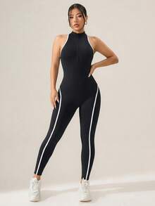 Seamluxe SHEIN Sport 女士撞色拉链无袖运动连体裤 - 黑色 - 查看 5