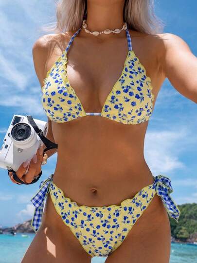 Swim Mod Set bikini estivo con fiori, schiena scoperta, volant, triangolo e lacci, sexy