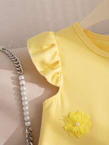 Elladie kids Young Girl Summer New Round Neck A-Line Mini Dress  With Ruffle Sleeves, Pleated Hem, Front Floral Decor, Back Keyhole Design, Casual Vintage Style Everyday Wear Girls Summer Dress Yellow Princess Dress Yellow Kids Dress - Yellow - View 8