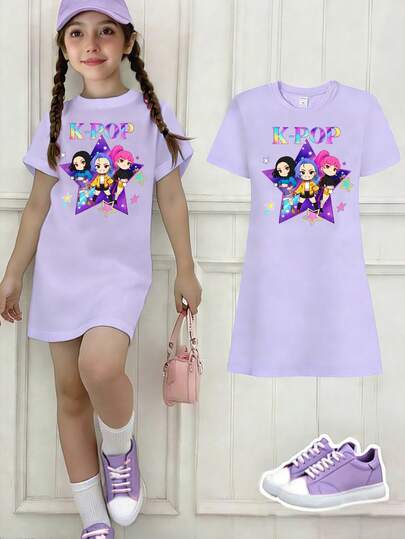 Spring And Summer Girls' Casual Fashionable Creative Personalized Refreshing Minimalist Cool Virtual Girl Group Colorful Pentagram Star Graphic Letter Slogan Print Casual Basic Short Sleeve T-Shirt Dress, Comfortable Daily Wear. Cozy Summer And Fall Styles Suitable For Spring, Summer And Autumn Girls' Atmosphere Outfits, Sets