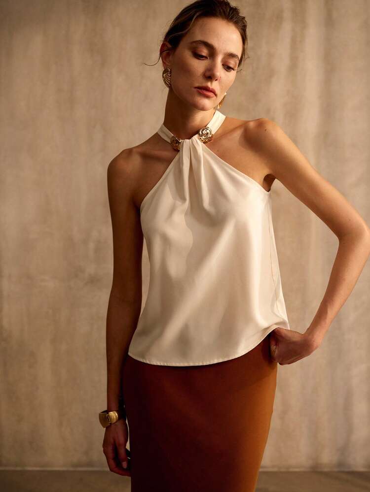 WOMEN'S APRICOT ELEGANT FASHION METAL DECOR HALTER NECK TOP
