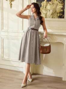 Vintamour Vintage Retro Elegant Women's Grey Autumn Office Shirt Dress With Pockets And Belt,Business Casual Wedding Guest Vacation Spring Summer Sun Dresses - Khaki - View 6