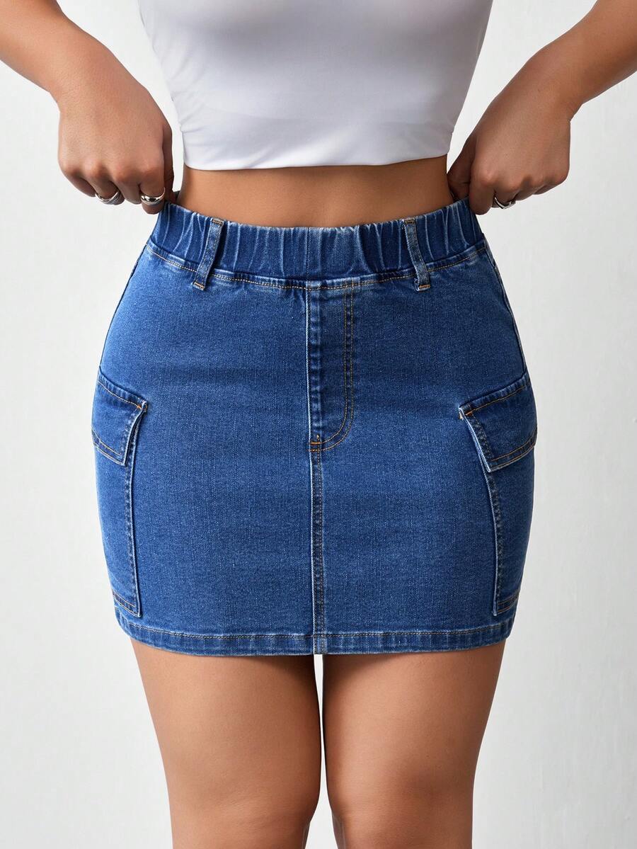 Flexra Women's Elastic Waist Cargo Pocket Bodycon Denim Mini Skirt - Blue - View 1