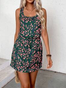 EMERY ROSE Summer Casual Leaf Printed Round Neck Sleeveless Drawstring Waist Dress Vacation Beach Outfits Women - Dark Green - View 5
