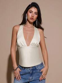 SHEIN BAE Áo hai dây cổ chữ V hở lưng màu vàng satin, áo dự tiệc cocktail, áo kiểu dự tiệc trang trọng, áo satin gợi cảm dành cho nữ, thích hợp cho Giáng sinh, tiệc cocktail, trang phục công sở thường ngày, áo khoác ngoài. - Màu be - Xem 5