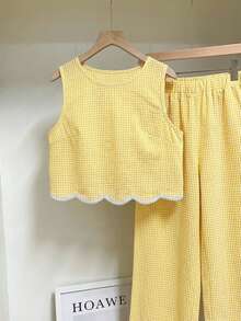 SHEIN Frenchy 女士格子圆领无袖上衣和裤子两件套 - 黃色 - 查看 7