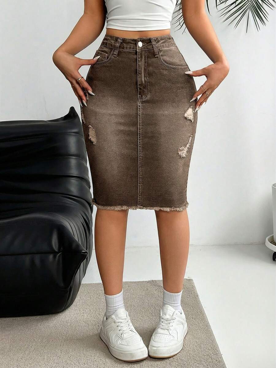 SHEIN LUNE Women's Summer Washed Distressed Frayed Hem Denim Mini Skirt - Coffee Brown - View 1
