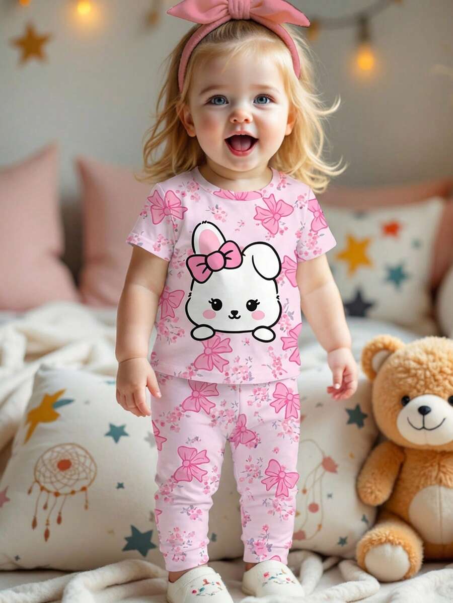 女婴可爱卡通印花修身短袖睡衣套装，夏季 - 粉色 - 查看 1