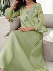 SHEIN Najma Đầm kiểu Ả Rập cổ chữ V đính cườm, tay bồng xếp lớp họa tiết hoa dành cho nữ, thích hợp cho mùa xuân/hè. - màu xanh lá - Xem 7