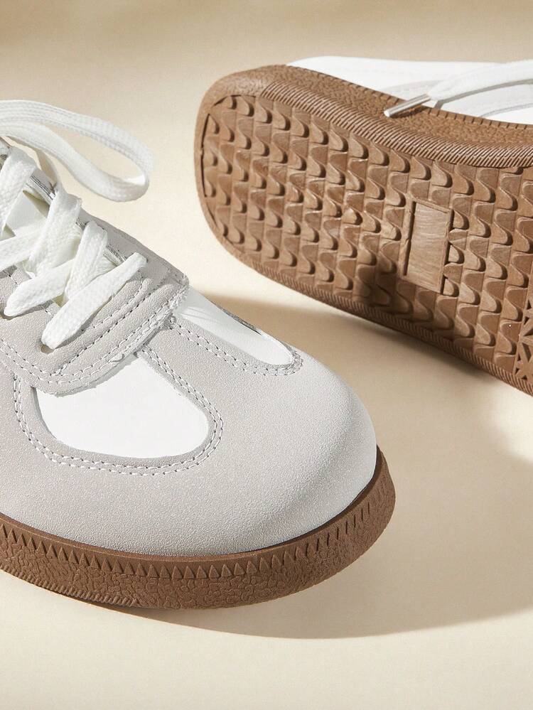 CUCCOO EASI Women's Lace-Up Splicing Round Toe Flat-Bottomed Casual Sneakers Slippers Comfortable Daily Outdoor Casual PU Leather Gray White Casual Sneakers Daily Outdoor