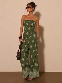 COSMINA Women's Elegant Casual Embroidered & Printed Bandeau Top And Pants Set - Green - View 1