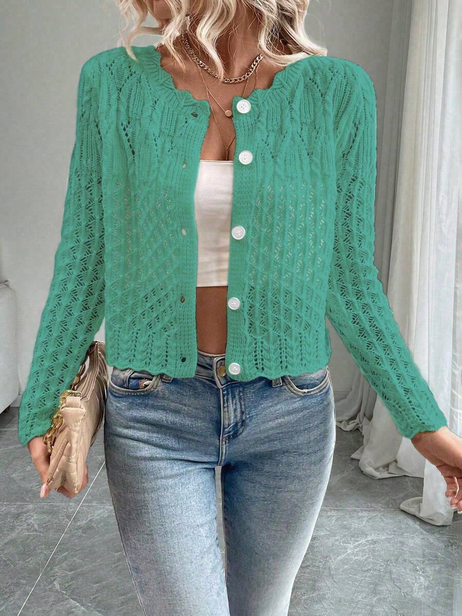 EMERY ROSE Women's Round Neck Hollow Front Button Cardigan, Autumn/Winter Knitted Sweater Jacket - Mint Green - View 1