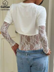 Aloruh 女士性感透视蕾丝短袖露脐上衣，纯色蕾丝拼接透视性感连体衣，适合日常穿着、约会、单身派对、舞台表演、春夏/夜店装扮 - 白色 - 查看 3