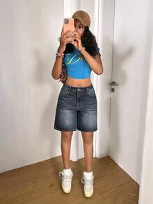 StreetHx Quần short denim in họa tiết phong cách đường phố thường ngày dành cho nữ. - Rửa tối - Xem 3