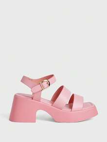 Sugerpunk Giày sandal nữ mùa hè kiểu dáng retro mũi vuông, màu hồng nhạt với chữ "Muffin" và đế xuồng. - Hồng - Xem 1