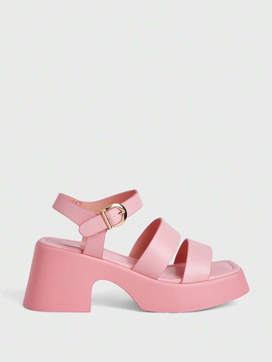 Sugerpunk Giày sandal nữ mùa hè kiểu dáng retro mũi vuông, màu hồng nhạt với chữ "Muffin" và đế xuồng. - Hồng - Xem 1