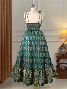 Rometta 大码女式波西米亚风V领系带印花长裙，绿色花卉印花V领系腰沙滩度假连衣裙，印花V领收腰显瘦长裙，适合海滩度假、夏季派对、休闲外出、购物、街头风或朋友聚会，轻松打造时尚造型 - 綠色 - 查看 2