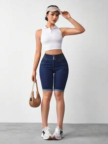 Flexra Women's Solid Color Elastic Slant Pocket Casual Skinny Denim Shorts - Dark Wash - View 5
