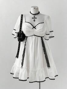 Sunspun Vestido de manga corta con dobladillo acampanado, encaje y tela de organza francesa, estilo dulce, talla grande - Blanco - Ver 9