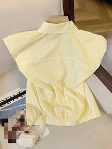 Franclia 女士纯色3D立体花卉领短袖单排扣宽松衬衫，适合夏季约会和外出穿着 - 鵝黃色 - View 2