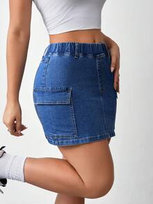 Flexra Women's Elastic Waist Cargo Pocket Bodycon Denim Mini Skirt - Blue - View 3