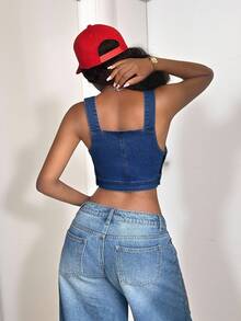 StreetHx Fashionable Casual Street-Style Embroidered Denim Vest Top - Medium Wash - View 2