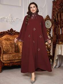 Al Najma 大码女士优雅奢华纯色长袖闪亮水钻装饰时尚土耳其长裙 - 酒紅色 - 查看 5