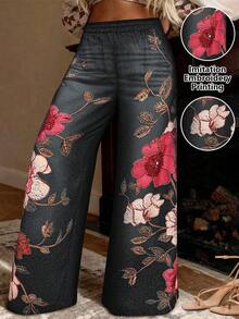 Maweii 大码女式法式休闲优雅印花裤 - 黑色 - 查看 1