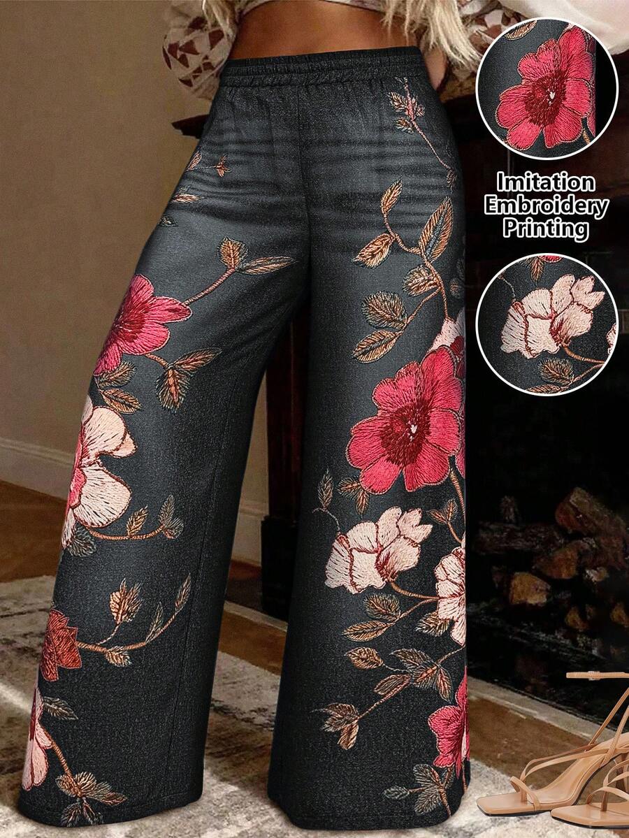 Maweii 大码女式法式休闲优雅印花裤 - 黑色 - 查看 1