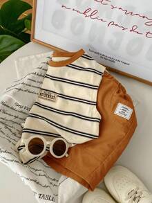 SHEIN 2pcs Young Boys' Casual Comfortable Versatile Striped Print Sleeveless Top And Solid Color Shorts Set - Brown - View 4