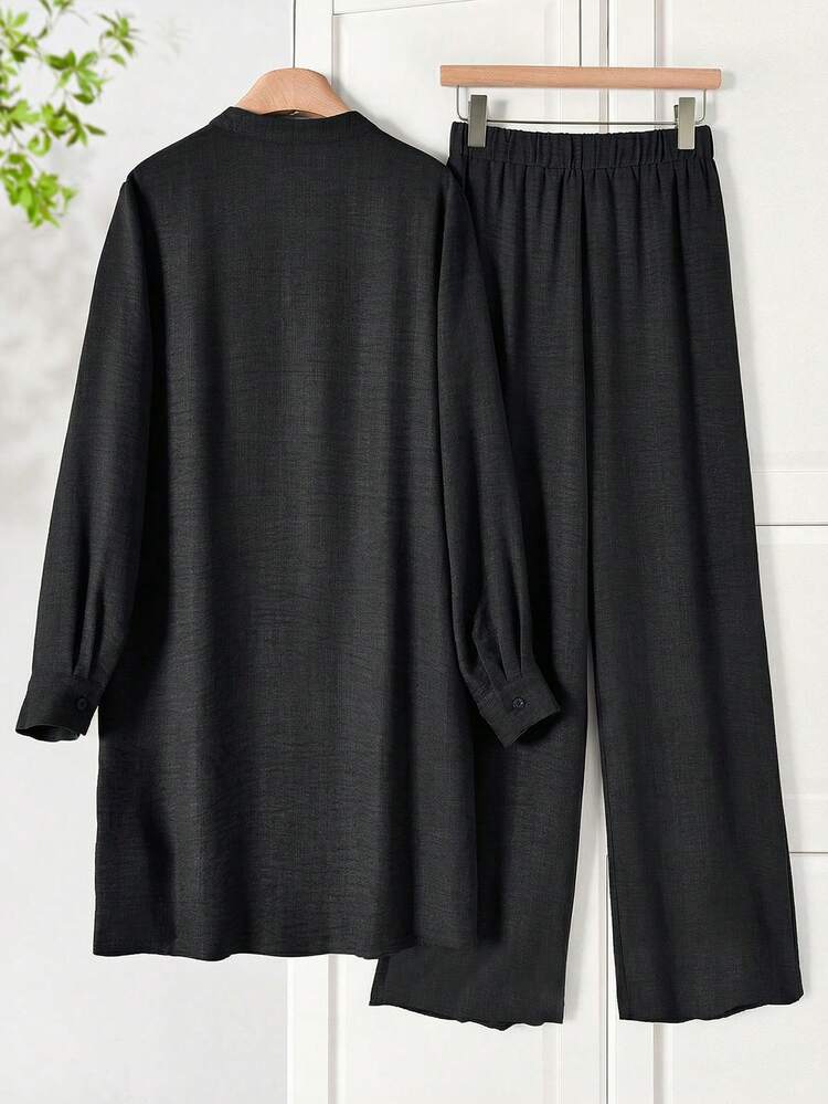 Plus Size Elegant Notched Neck Long Sleeve Loose Top And Pants 2 Pieces Set, Spring