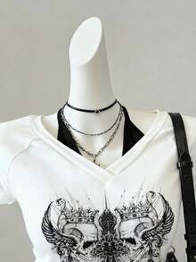 Attitoon 女士休闲复古V领露背系带撞色短袖T恤，适合夏季穿着 - 白色 - 查看 4