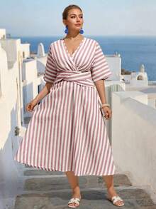 Breezaya Zanzea Plus Size Women's Vertical Striped Dress,Cotton Linen Holiday Beach Vacation Outfits,Summer Tropical Tea Party Casual Pastel Pink Spring Dress - Pink - View 6