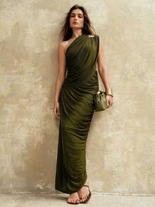 Arave Women's Elastic Fabric H-Line Ruched Asymmetric Shoulder Metal Button Sleeveless Casual Commuter Dress - Green - View 1