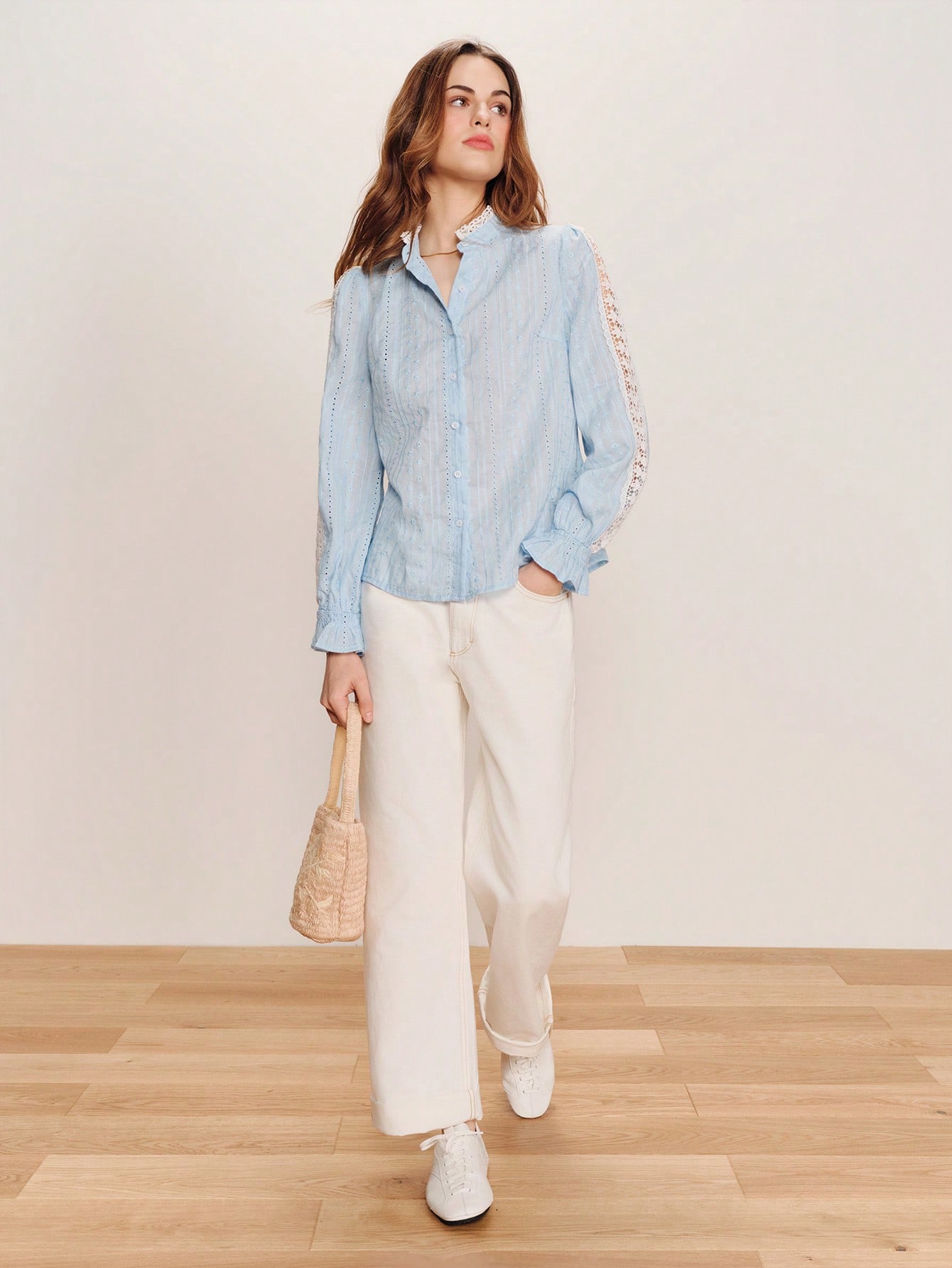 Blue Loose Fit Broidery Blouse With White Lace Trim Details, Wear To Work Blouse, All Seasons