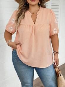 SHEIN CURVE+ Plus Size Women Striped Daisy Print Ruffle Hem Patchwork Blouse - Orange - View 5