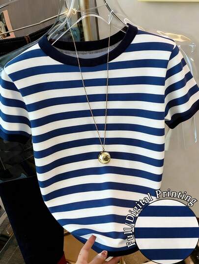 Resyla Women's Casual Striped Round Neck Short Sleeve T-Shirt, Summer