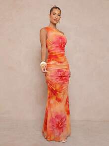 Lumalex 女士优雅性感紫色双层网纱不对称肩部金属扣装饰修身鱼尾连衣裙，春夏款 - 紫色 - 查看 6