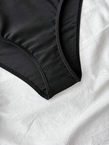 Teen Girl Black Solid Color Casual U-Neck Hollow-Out One-Piece Swimsuit,Minimalist Stylish Design For Summer Beach,Women's One Piece Bathing Suits - Black - View 3