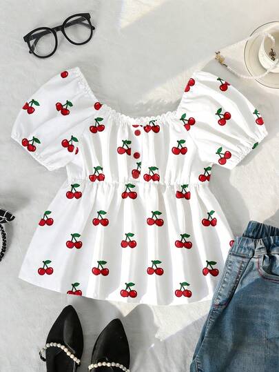 Sparklyn Blusa casual con estampado de cerezas y volantes, de manga de pétalo, versátil para uso diario para niña preadolescente