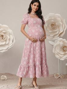 SHEIN Pregnant Women's Jacquard Pleated Fashionable Party Dress, Suitable For Summer - Dusty Pink - View 7
