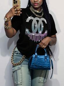 Summer Casual T-Shirt Featuring A Rhinestone-Effect Double-C Pattern Print, - A Soft And Breathable Round Neck Casual Top Suitable For Daily Leisure, Showcasing A Natural And Elegant Style - Black - View 4