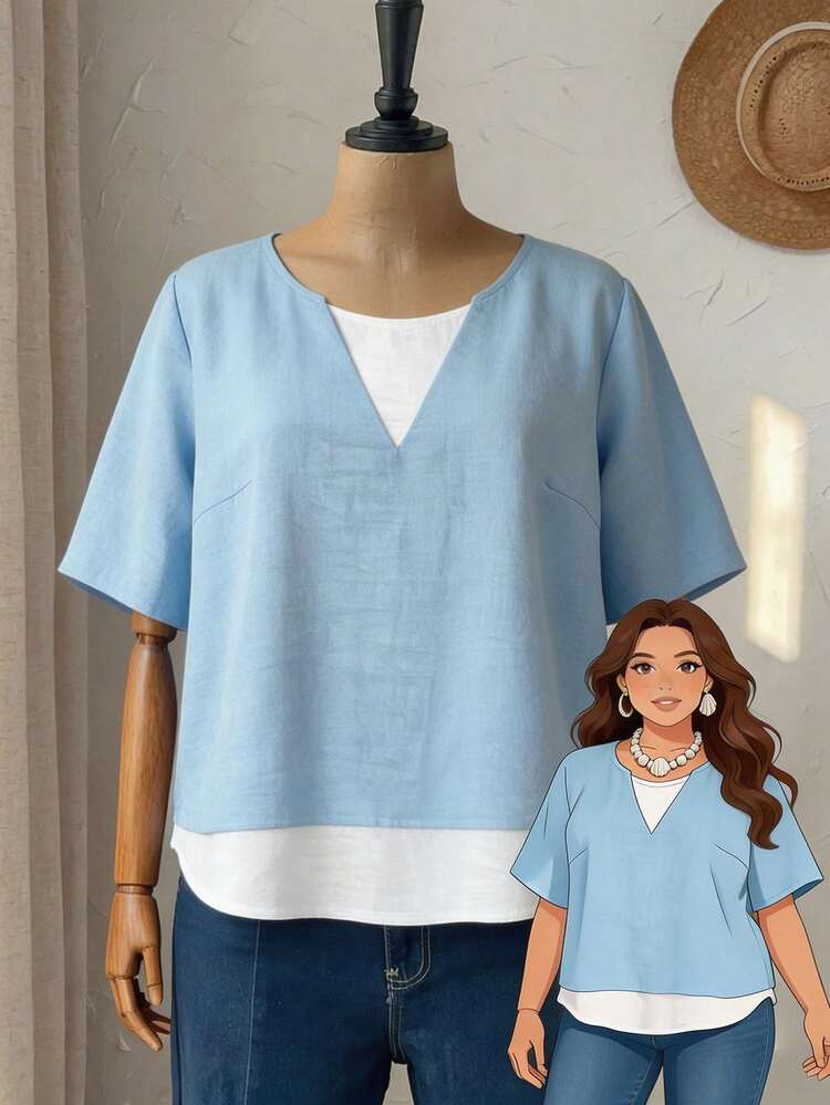 Plus Size Casual Blue White Long Blouse With V Neck And Short Sleeves Made Of Woven Fabric For Women
