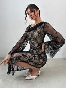 Firerie Đầm nữ thanh lịch, tinh tế, lãng mạn, màu trơn, thích hợp cho tiệc trà chiều, ngày lễ tình nhân, vai bất đối xứng, xếp ly, tay áo xòe. - màu đen - Xem 7