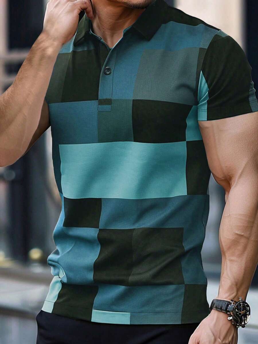 Manfinity Mode Áo Polo nam dáng casual, phối màu tương phản, cài cúc nửa thân - Màu xanh lam - Xem 1