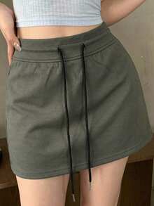 DAZY Women's Casual Everyday Commute Solid Color Drawstring Waist A-Line Skirt, Summer - Grey - View 6