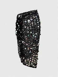 ROMWE Goth Áo khoác ngoài đính sequin móc len kiểu dáng nghỉ mát dành cho nữ - màu đen - Xem 5